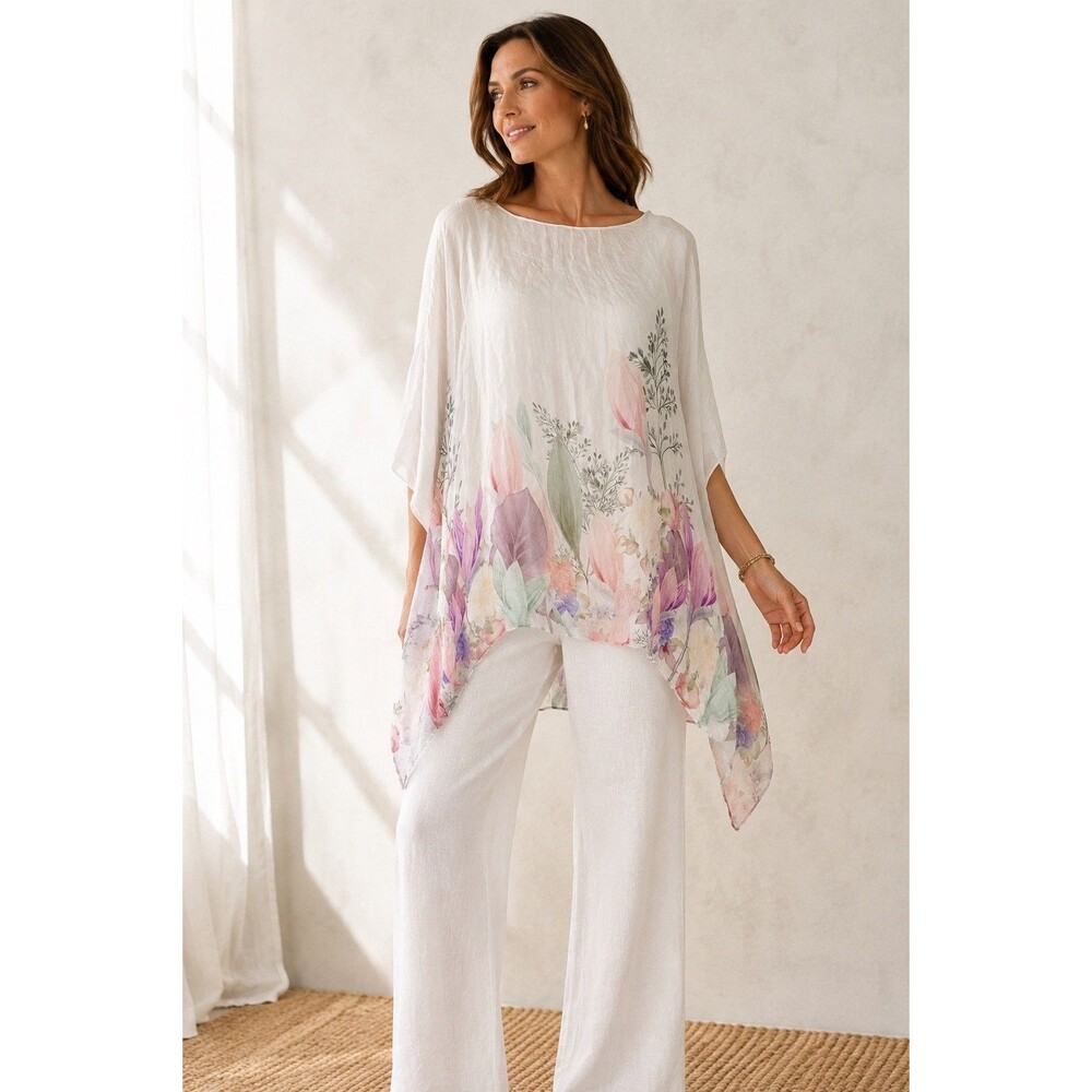 Viola Borghi Italy 100% Silk Floral Tunic Top Asymmetrical Hem Oversized M